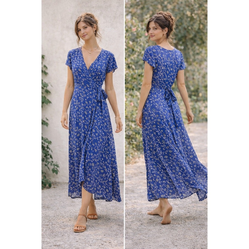 Amuse Society Blue Floral Wrap Maxi Dress XS Short Sleeve Viscose Crepe Boho